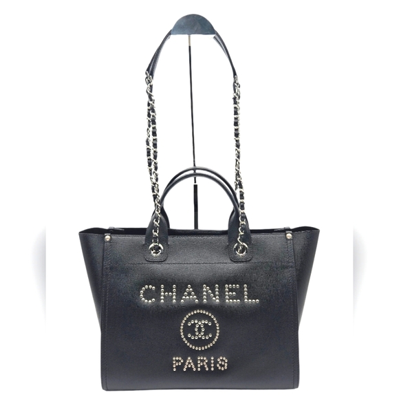 CHANEL Deauville 2way Chain Tote Shoulder Bag Studs Caviar Skin Black A57069 - Picture 1 of 16